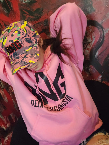 Model wearing pink Redneck Gangsta hoodie with RNG neon camo hat