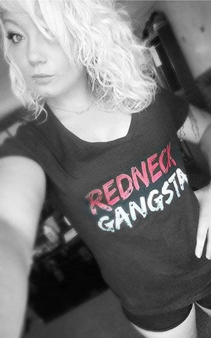 Model wearing women's black Redneck Gangsta graphic tee