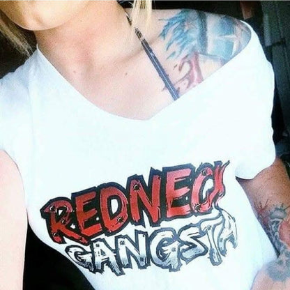 Women's white Redneck Gangsta graphic tee close-up